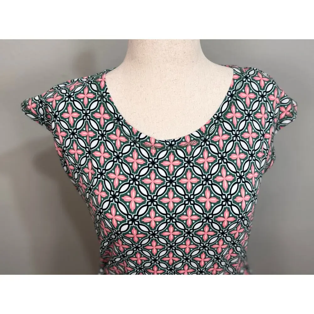 Talbots dress knit green white pink pattern cap sleeve scoop neck self tie Sz M - Picture 2 of 10